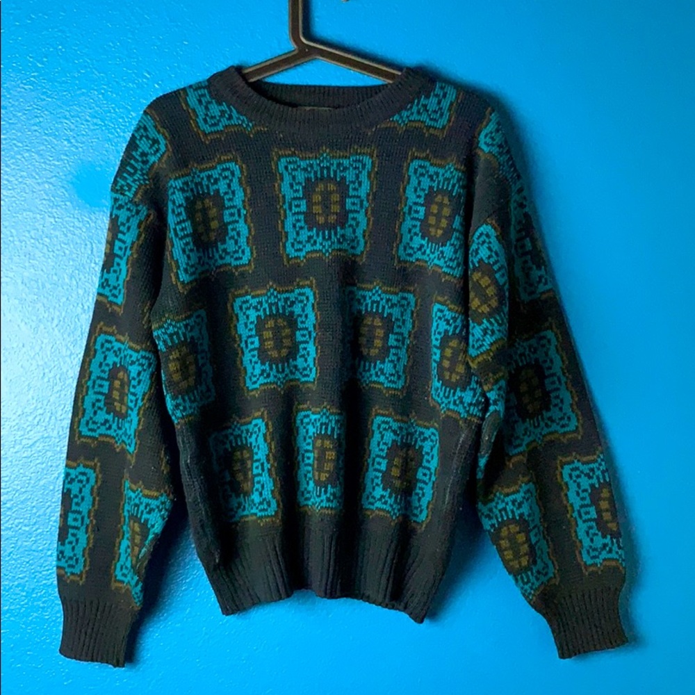 Vintage Aqua Blue and Black Sweater. Coogi Style